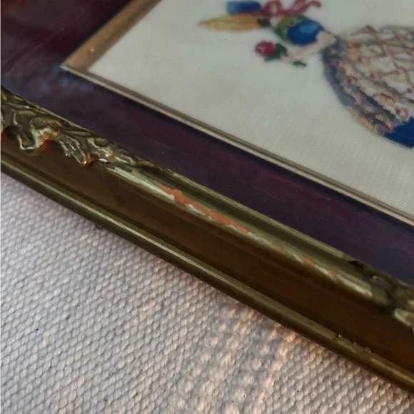 Vintage Petit Point Framed Fine Needlepoint Gilt Gold Wood Frame Victorian Girl - Picture 11 of 12